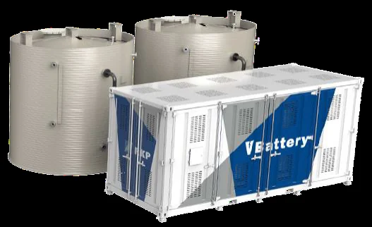 Vanadium redox flow battery container and external electrolyte tanks